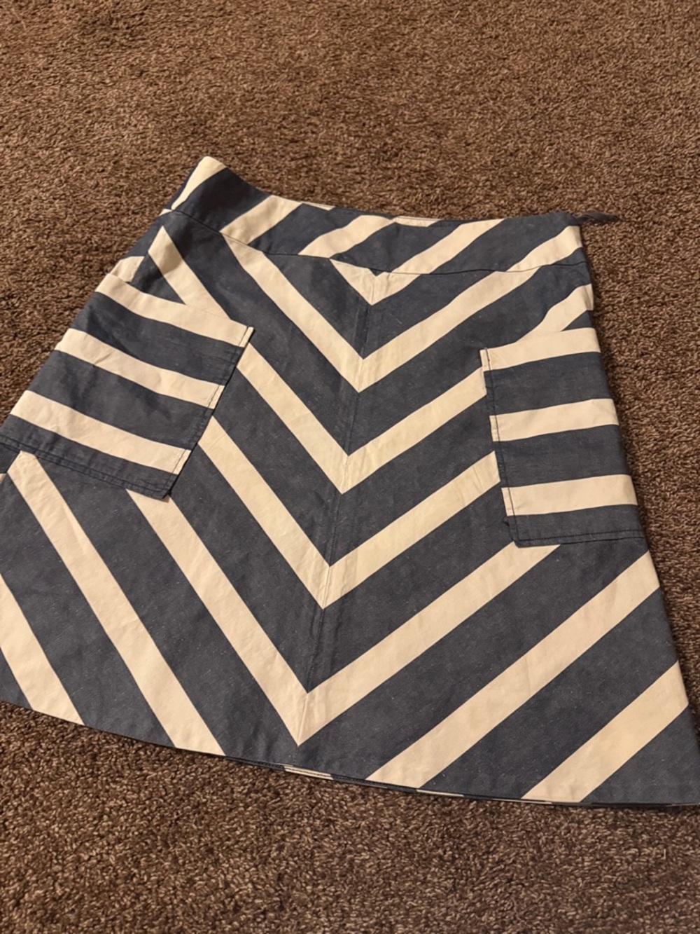 Anthropologie Navy and Cream Chevron A-Line Skirt with Front Pockets